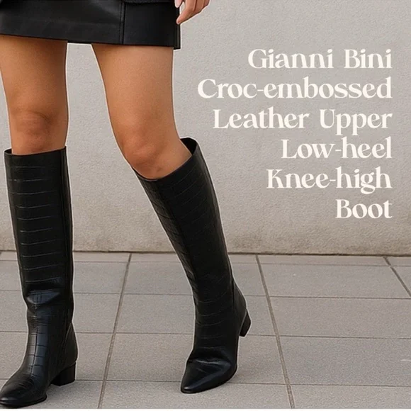 NEW Gianni Bini Black Leather Pointy Toe Croc Emboss Low Heel Knee High Boots 6- - Picture 3 of 14